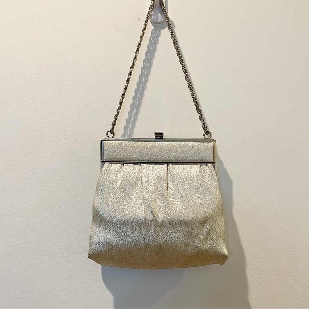 Vintage 60s Silver Lame Top Handle Handbag w/Silver Frame and Chain Strap